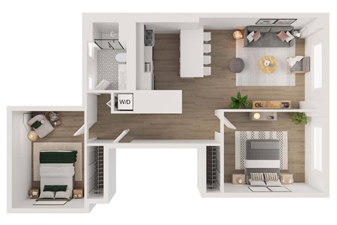 Floor plan for 2 beds, 1 bath, 862 sqft